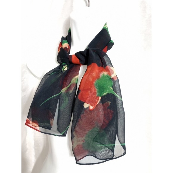 ROMANTIC Rose chiffon Neck SCARF Red Poppy Flower Green Black - Picture 3 of 3